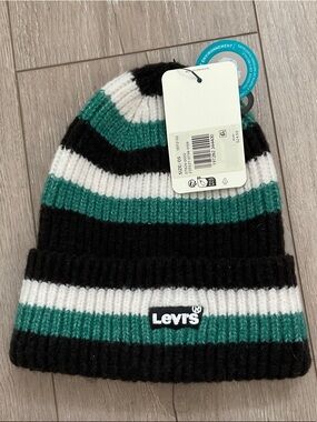 Levi's Striped Ribbed Beanie in Black, White & Teal